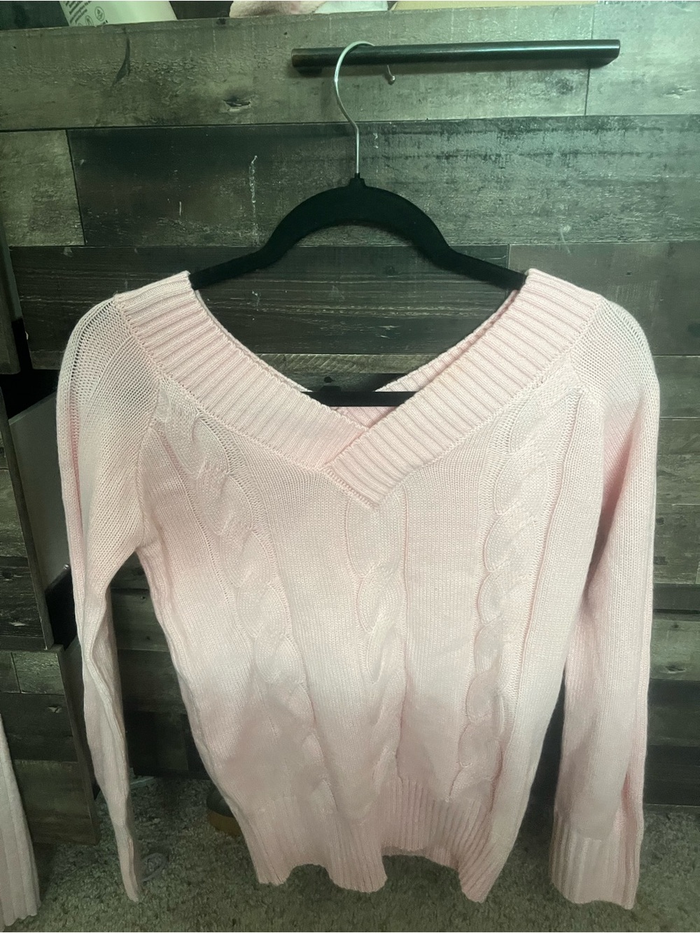 Soft V-Neck Cable Knit Sweater - Light Pink